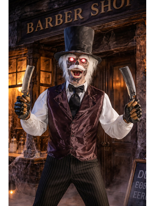 Zombie Barbier Animatronic 213 cm – Décoration Halloween avec Effet LED et Mouvement Animée