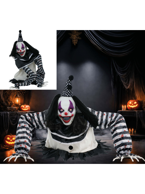 Automate Clown Méchant - Cirque Animé Halloween 105 cm - Effets Sonores, Lumineux et Mouvements