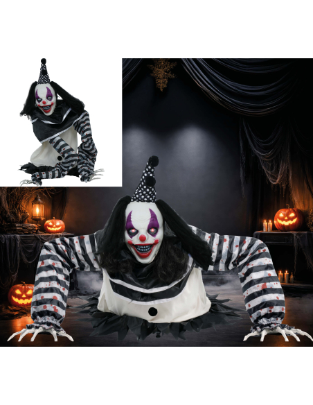 Automate Clown Méchant - Cirque Animé Halloween 105 cm - Effets Sonores, Lumineux et Mouvements