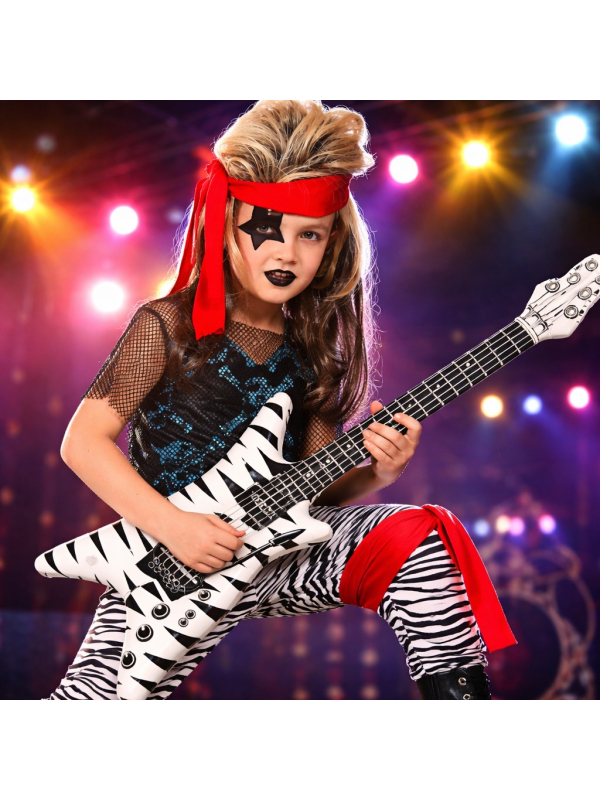 Déguisement Rockstar Enfant Années 80 – Costume Punk Noir Rouge avec Pantalon Zébré