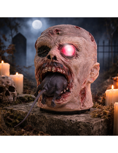 Tête de Monstre Animée Mangeant un Rat – Décoration Halloween avec Effet Sonore et Mouvement