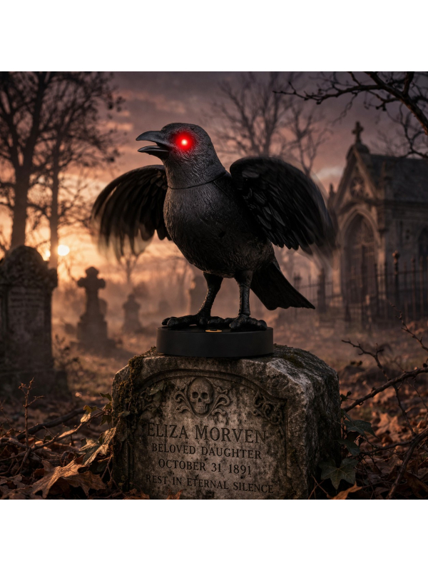 Corbeau Animé Halloween – Décoration de Cimetière Hanté avec Mouvements, Son et Lumière