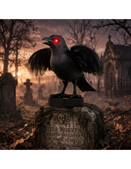 Corbeau Animé Halloween – Décoration de Cimetière Hanté avec Mouvements, Son et Lumière