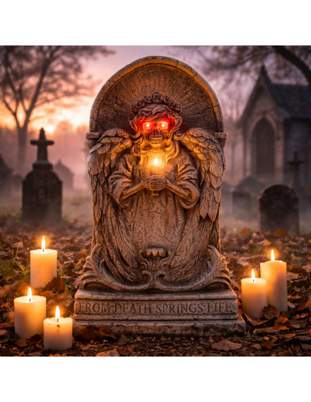 Pierre Tombale Animée Halloween – Ange Squelette avec Lumière et Son, Cimetière Hanté