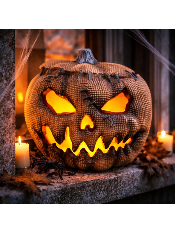 Citrouille 30 cm en PVC Imitation Toile de Jute avec Effet Flamme – Décoration Halloween