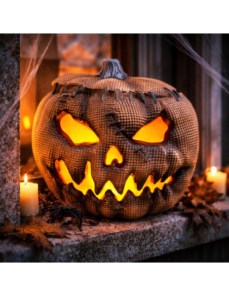 Citrouille 30 cm en PVC Imitation Toile de Jute avec Effet Flamme – Décoration Halloween