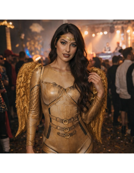 Déguisement Ange Gardien Doré Femme Fever – Combinaison Or avec Ailes et Bandeau (Taille M)