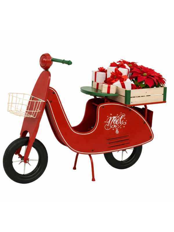 Présentoir Noël Moto Vintage Rouge – Décor Boutique et Vitrine en Métal et Bois