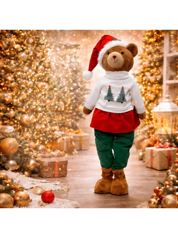 Oursonne de Noël avec Chapeau et Pull Festif – Décoration de Noël Fixe (Hauteur 110 cm