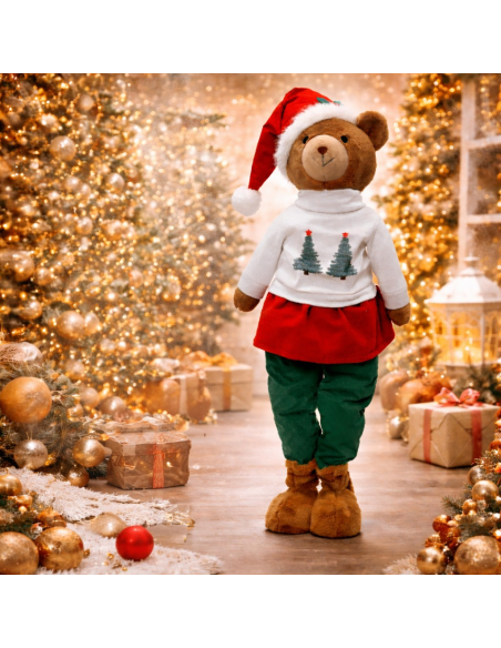 Oursonne de Noël avec Chapeau et Pull Festif – Décoration de Noël Fixe (Hauteur 110 cm