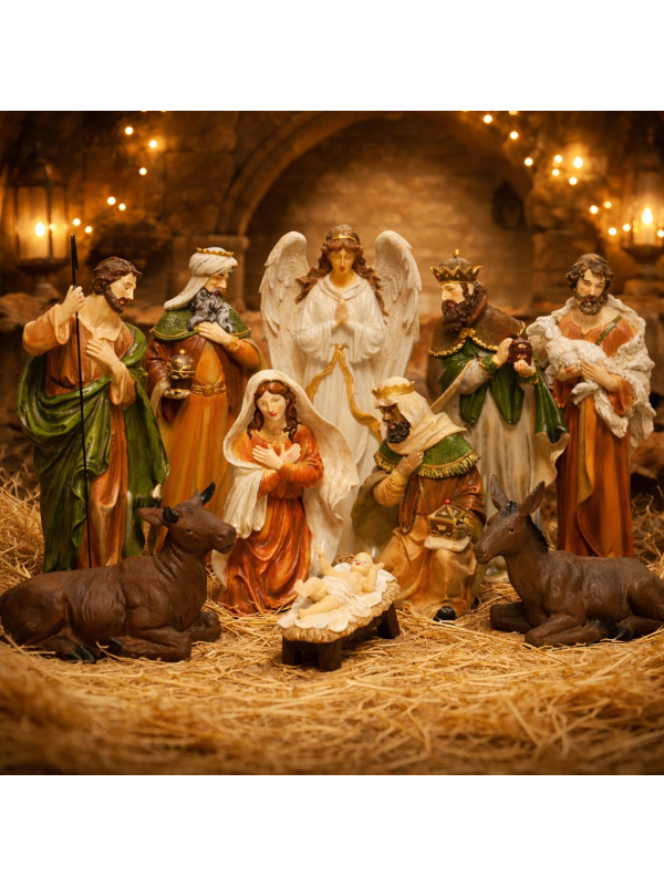 Crèche de Noël 10 personnages Decoris en polyrésine – Nativité 47 cm