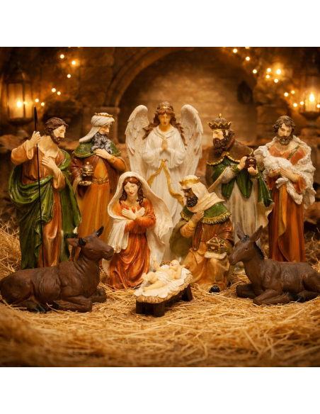 Crèche de Noël 10 personnages Decoris en polyrésine – Nativité 47 cm