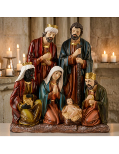 Crèche Sainte Famille sur pierre – Grande statue en magnésium 63,5 cm 2