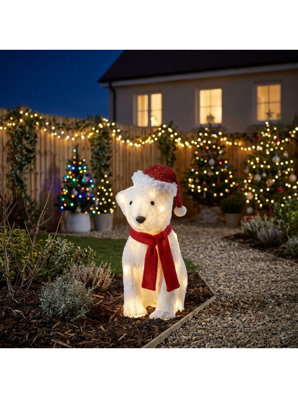 Ours Lumineux de Noël LED 43 cm Extérieur avec Bonnet et Écharpe