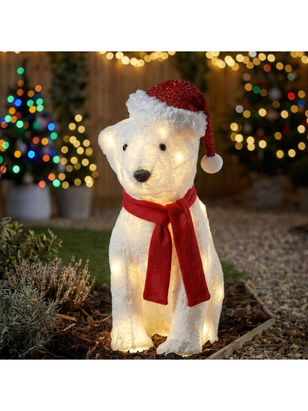 Ours Lumineux de Noël LED 43 cm Extérieur avec Bonnet et Écharpe