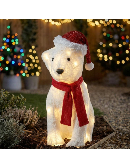 Ours Lumineux de Noël LED 43 cm Extérieur avec Bonnet et Écharpe