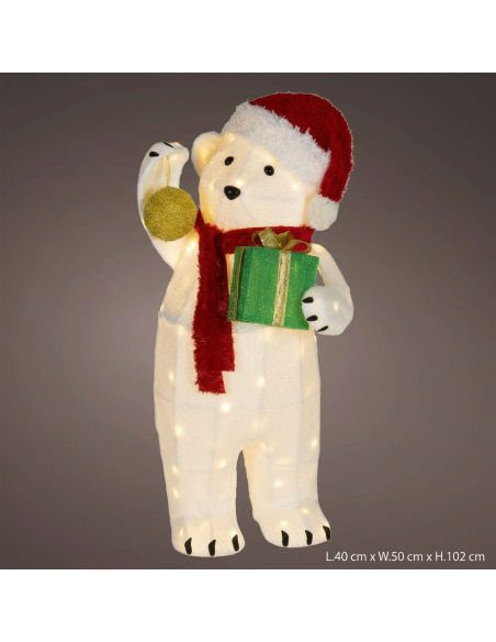 Grand Ours Lumineux de Noël 102 cm Extérieur – 80 LED Blanc Chaud avec Cadeau