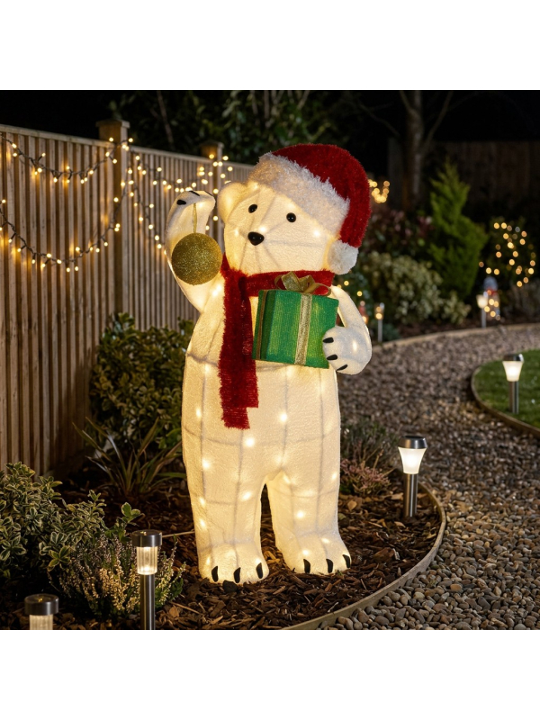 Grand Ours Lumineux de Noël 102 cm Extérieur – 80 LED Blanc Chaud avec Cadeau