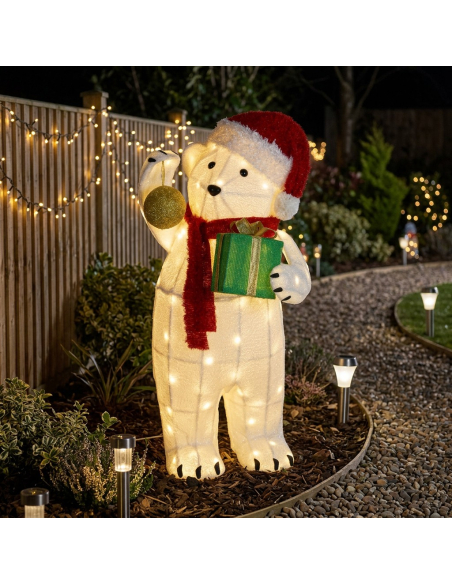 Grand Ours Lumineux de Noël 102 cm Extérieur – 80 LED Blanc Chaud avec Cadeau