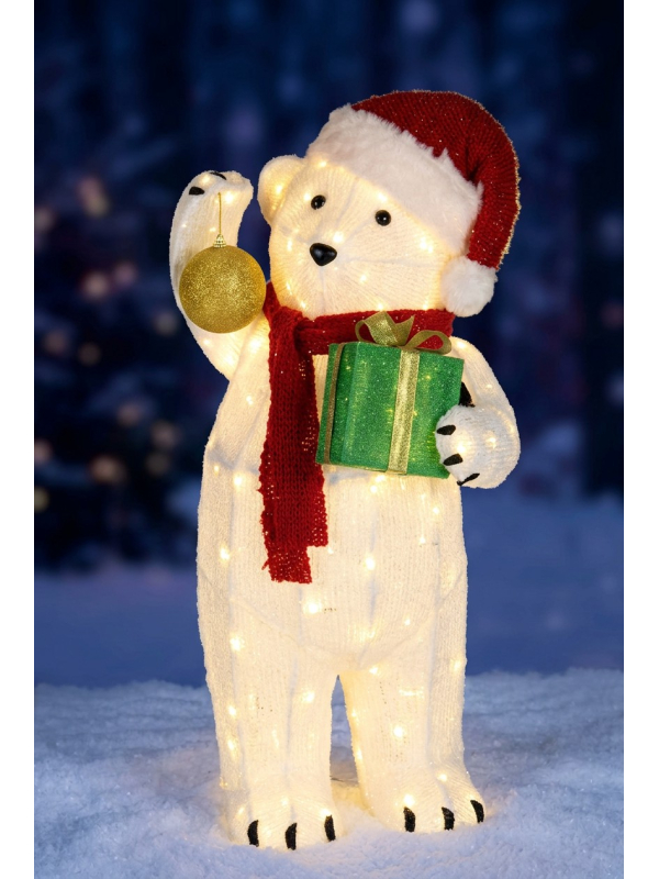 Grand Ours Lumineux de Noël 102 cm Extérieur – 80 LED Blanc Chaud avec Cadeau