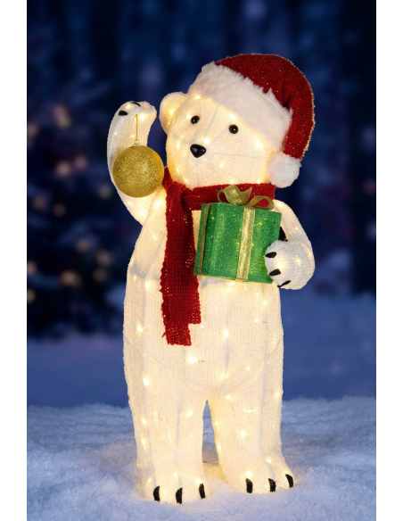 Grand Ours Lumineux de Noël 102 cm Extérieur – 80 LED Blanc Chaud avec Cadeau