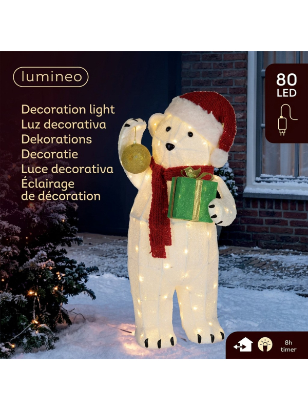 Grand Ours Lumineux de Noël 102 cm Extérieur – 80 LED Blanc Chaud avec Cadeau