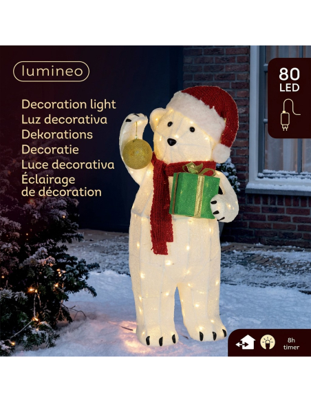 Grand Ours Lumineux de Noël 102 cm Extérieur – 80 LED Blanc Chaud avec Cadeau