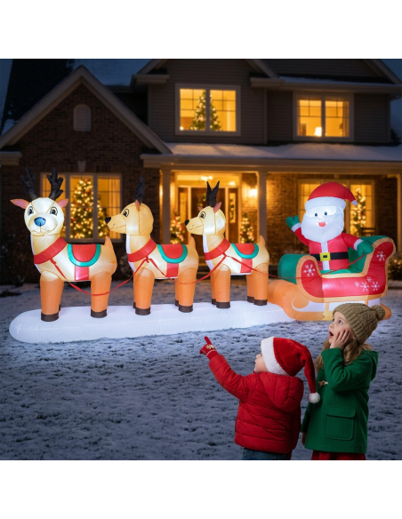 Père Noël Gonflable XXL avec Traîneau et Rennes LED – Une Décoration de Noël Géante et Spectaculaire