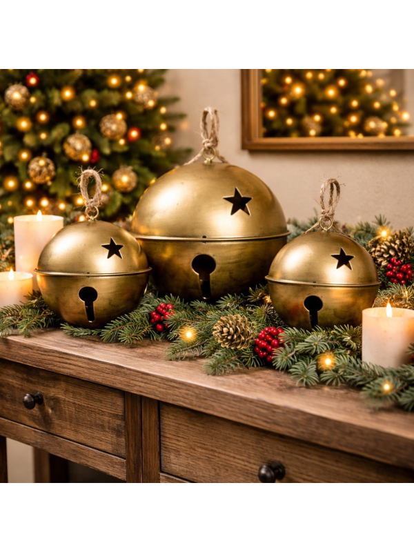 Cloche de Noël en métal doré – Set de 3 tailles décoratives à suspendre ou poser
