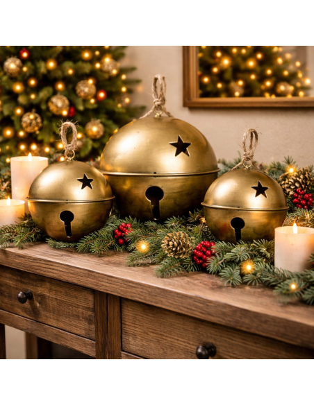Cloche de Noël en métal doré – Set de 3 tailles décoratives à suspendre ou poser