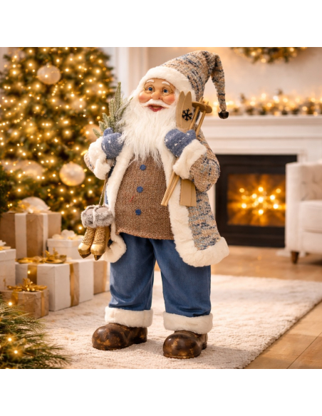 Père Noël Décoratif 80 cm avec Skis et Patins Dorés – Une Présence Chaleureuse et Élégante