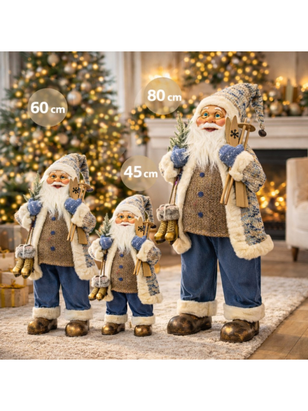 Père Noël Décoratif 60 cm avec Skis et Patins Dorés – Format Compact et Élégant