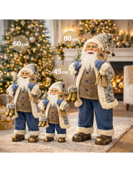 Père Noël Décoratif 60 cm avec Skis et Patins Dorés – Format Compact et Élégant