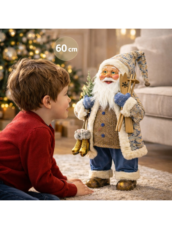 Père Noël Décoratif 60 cm avec Skis et Patins Dorés – Format Compact et Élégant