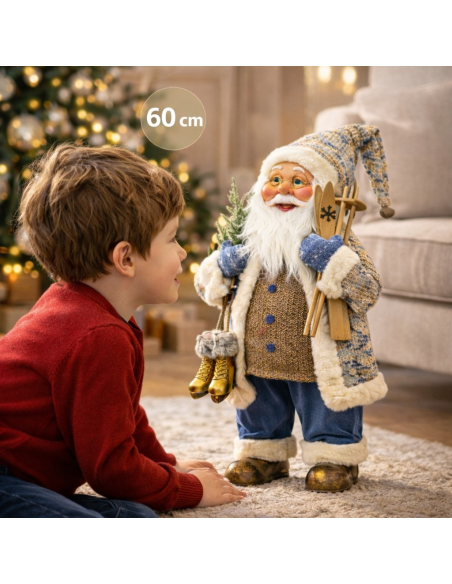 Père Noël Décoratif 60 cm avec Skis et Patins Dorés – Format Compact et Élégant