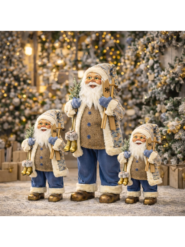 Père Noël Décoratif 80 cm avec Skis et Patins Dorés – Une Présence Chaleureuse et Élégante