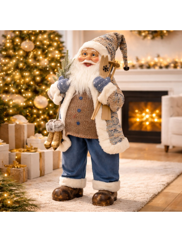 Père Noël Décoratif 60 cm avec Skis et Patins Dorés – Format Compact et Élégant