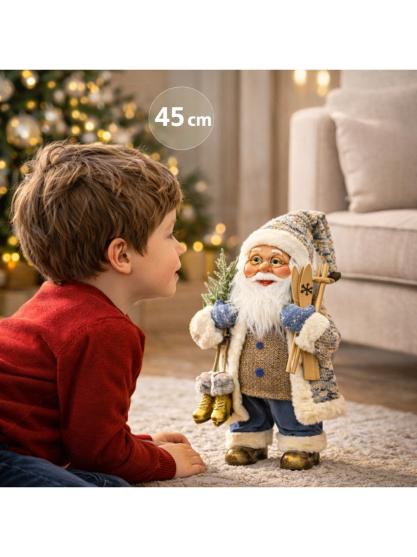 Père Noël Décoratif 45 cm avec Skis et Patins Dorés – Format Compact et Facile à Intégrer
