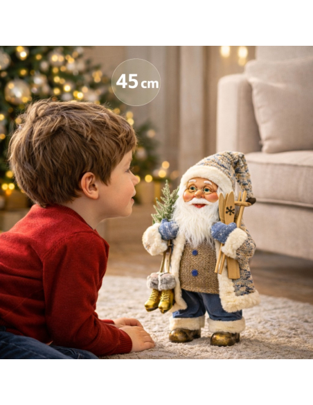 Père Noël Décoratif 45 cm avec Skis et Patins Dorés – Format Compact et Facile à Intégrer