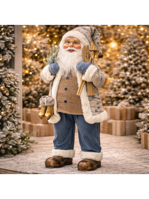Père Noël Décoratif 45 cm avec Skis et Patins Dorés – Format Compact et Facile à Intégrer