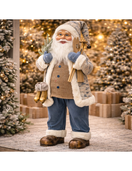 Père Noël Décoratif 45 cm avec Skis et Patins Dorés – Format Compact et Facile à Intégrer