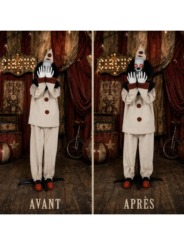 Automate clown effet sursaut 185 cm – animé son, lumière et mouvement