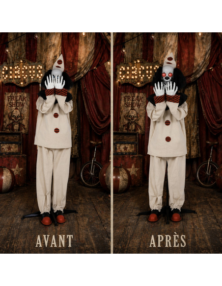 Automate clown effet sursaut 185 cm – animé son, lumière et mouvement