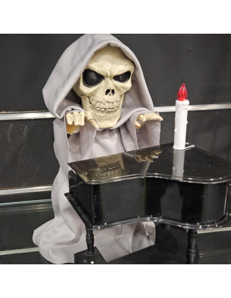 Automate squelette au piano Halloween (32 x 15 cm – lumière, son et mouvement)