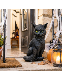 Chat noir Halloween avec son et lumière (32 cm – yeux verts clignotants)