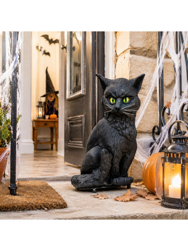 Chat noir Halloween avec son et lumière (32 cm – yeux verts clignotants)