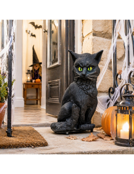Chat noir Halloween avec son et lumière (32 cm – yeux verts clignotants)