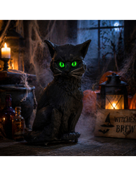 Chat noir Halloween avec son et lumière (32 cm – yeux verts clignotants)