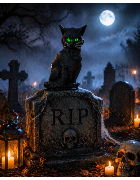 Chat noir Halloween avec son et lumière (32 cm – yeux verts clignotants)