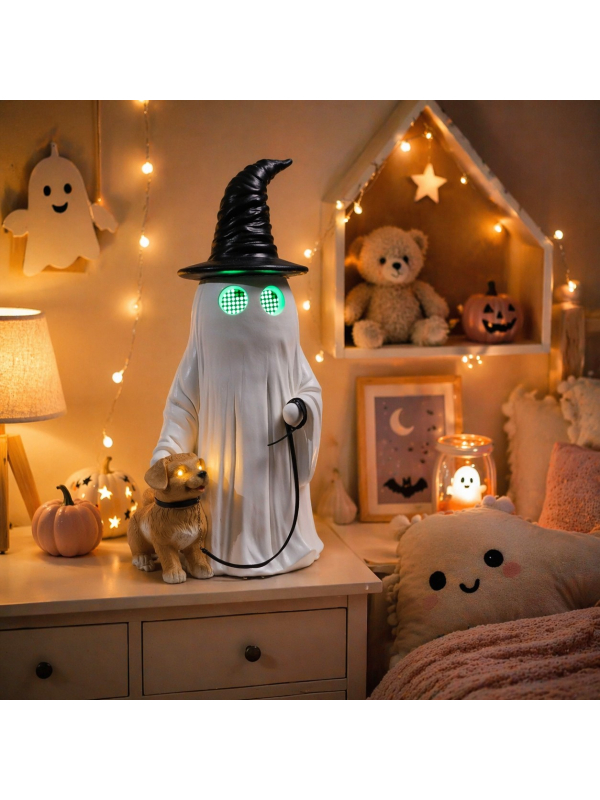 Fantôme en résine avec chien et yeux LED Halloween